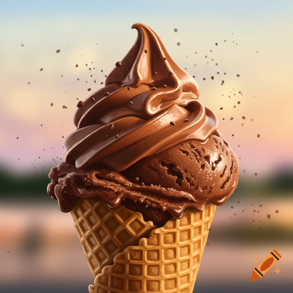 Photorealistic image of a chocolate soft serve and scoop ice cream in a waffle cone with sprinkles.