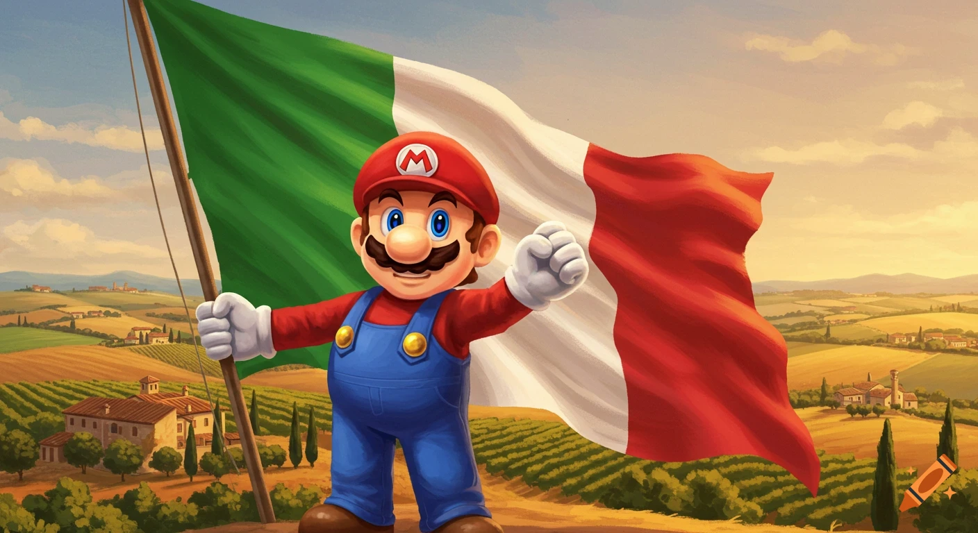 Cartoon Mario holding an Italian flag in a scenic Italian countryside.