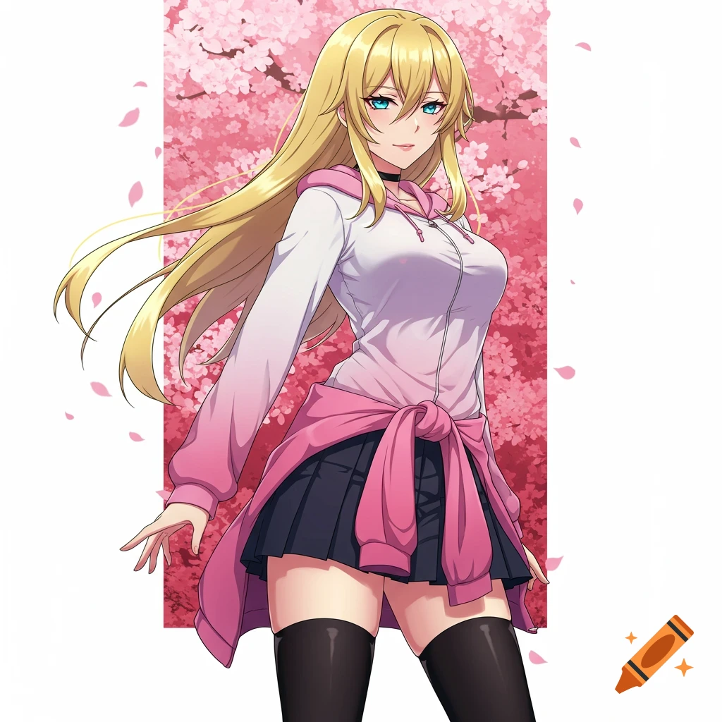 Anime girl with long blonde hair, blue eyes, wearing a white and pink hoodie, black skirt, and black stockings, against a cherry blossom background.