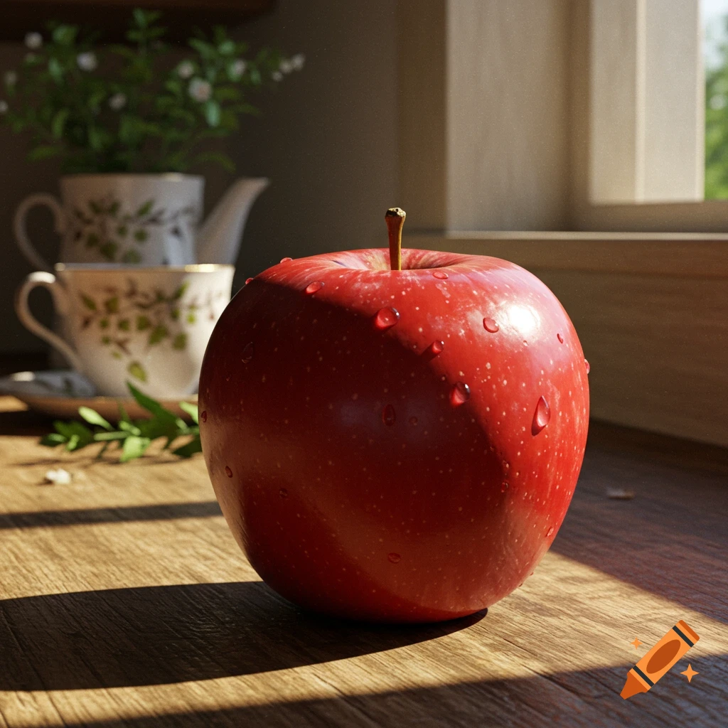 Photorealistic red apple with water droplets sits on a wooden counter, bathed in dappled sunlight, with a blurred teapot and window in the background.