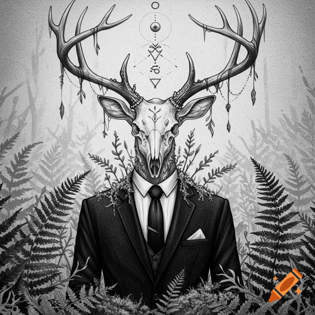 Black and white pencil sketch illustration of a figure with a deer skull head and antlers, wearing a suit, surrounded by ferns, with sacred geometry symbols.
