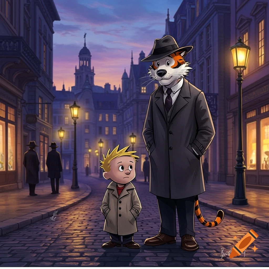 Calvin and Hobbes dressed as detectives stand on a cobbled street at dusk with city buildings and streetlights.