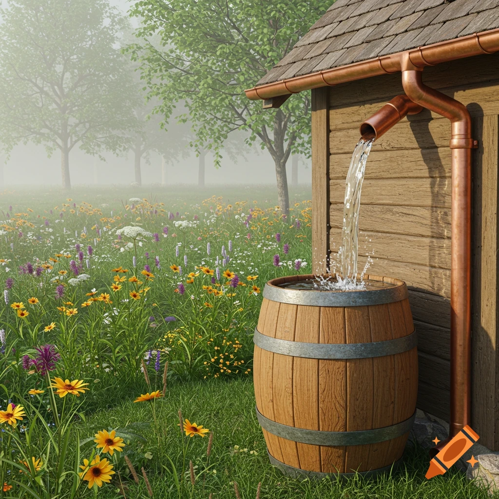 Photorealistic image of a wooden rain barrel collecting water from a downspout next to a rustic shed in a field of wildflowers.