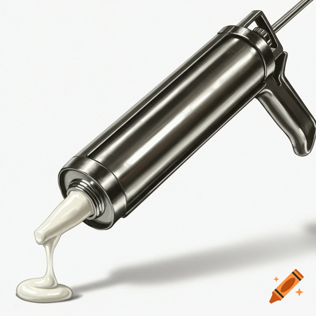 Photorealistic image of a metallic caulking gun dispensing white caulk onto a white background.
