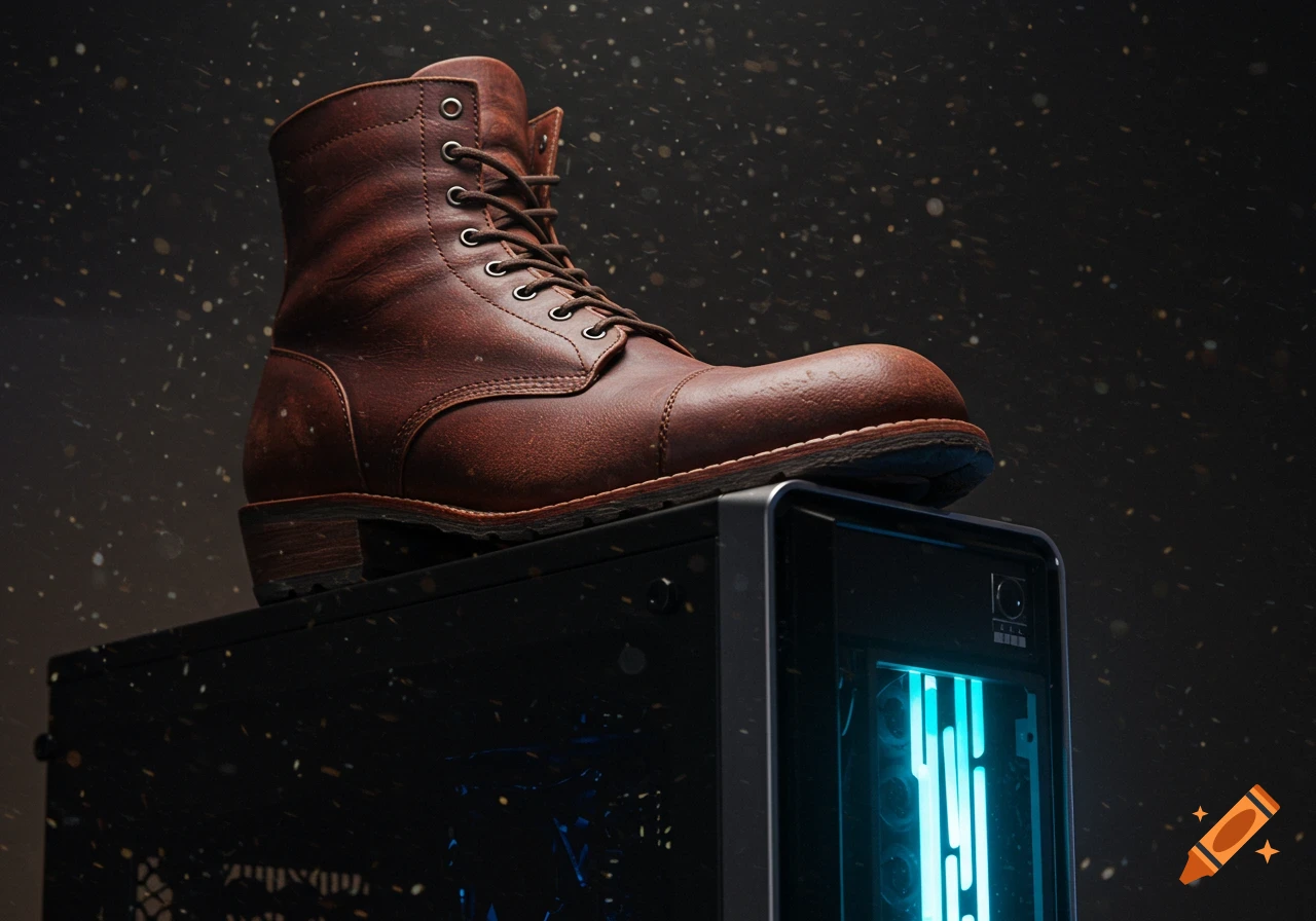 Photorealistic image of a worn brown leather boot resting on a black computer tower with blue internal lights, against a dark, speckled background.