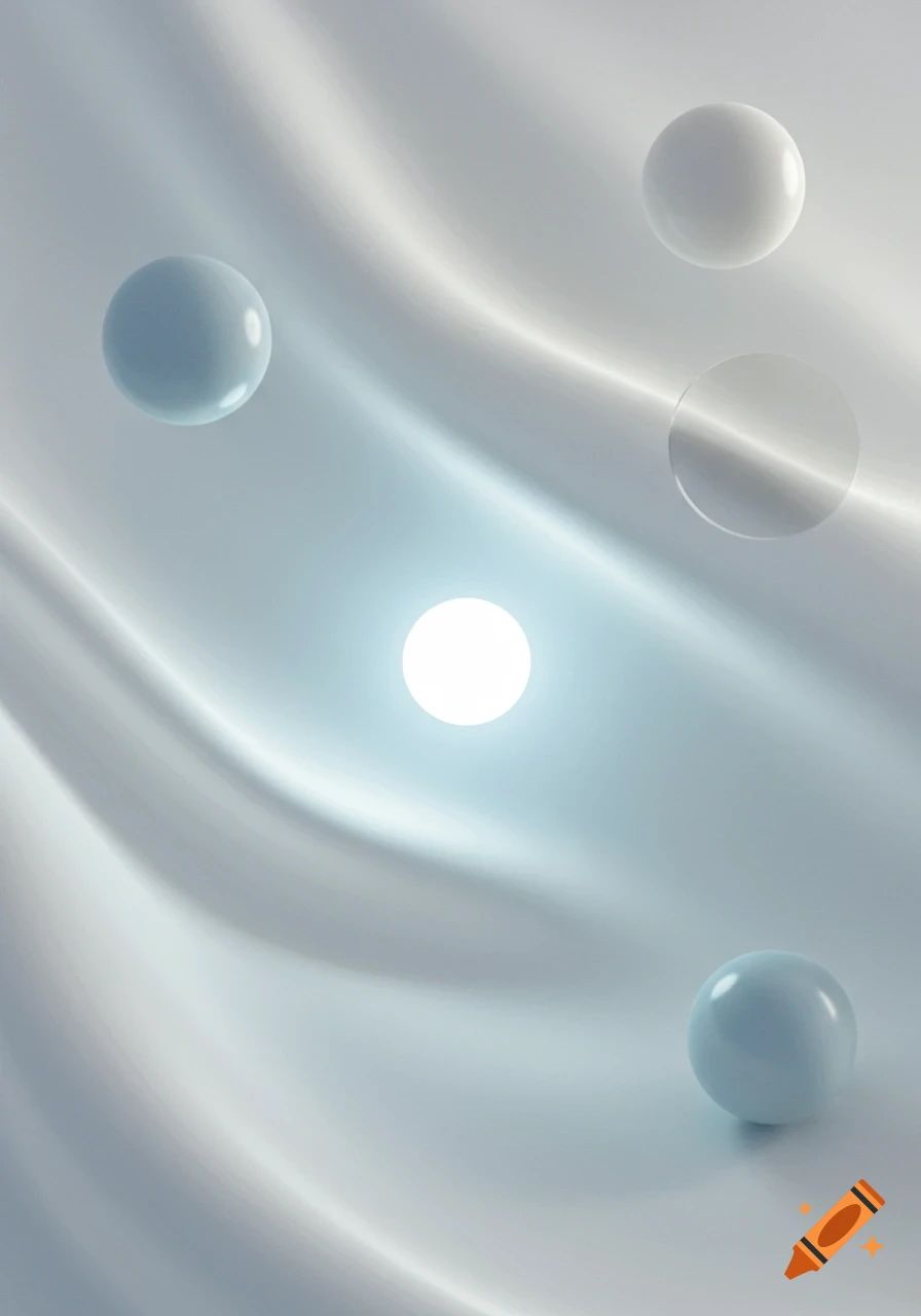 Abstract minimalist background with flowing grey and blue fabric textures, glowing white sphere, and light blue geometric spheres.