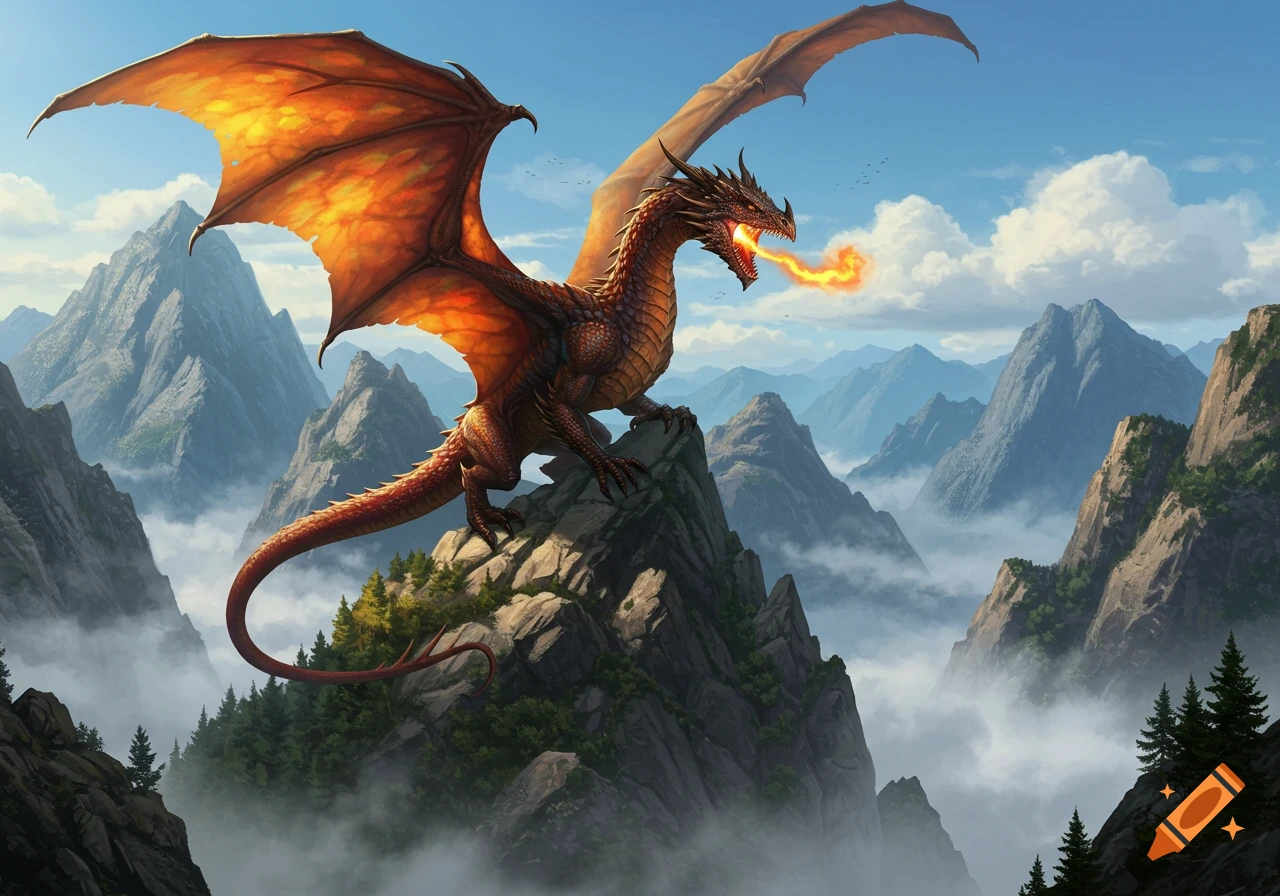 A majestic red dragon with large, fiery orange wings perched on a jagged mountain peak, breathing fire over a cloudy valley.