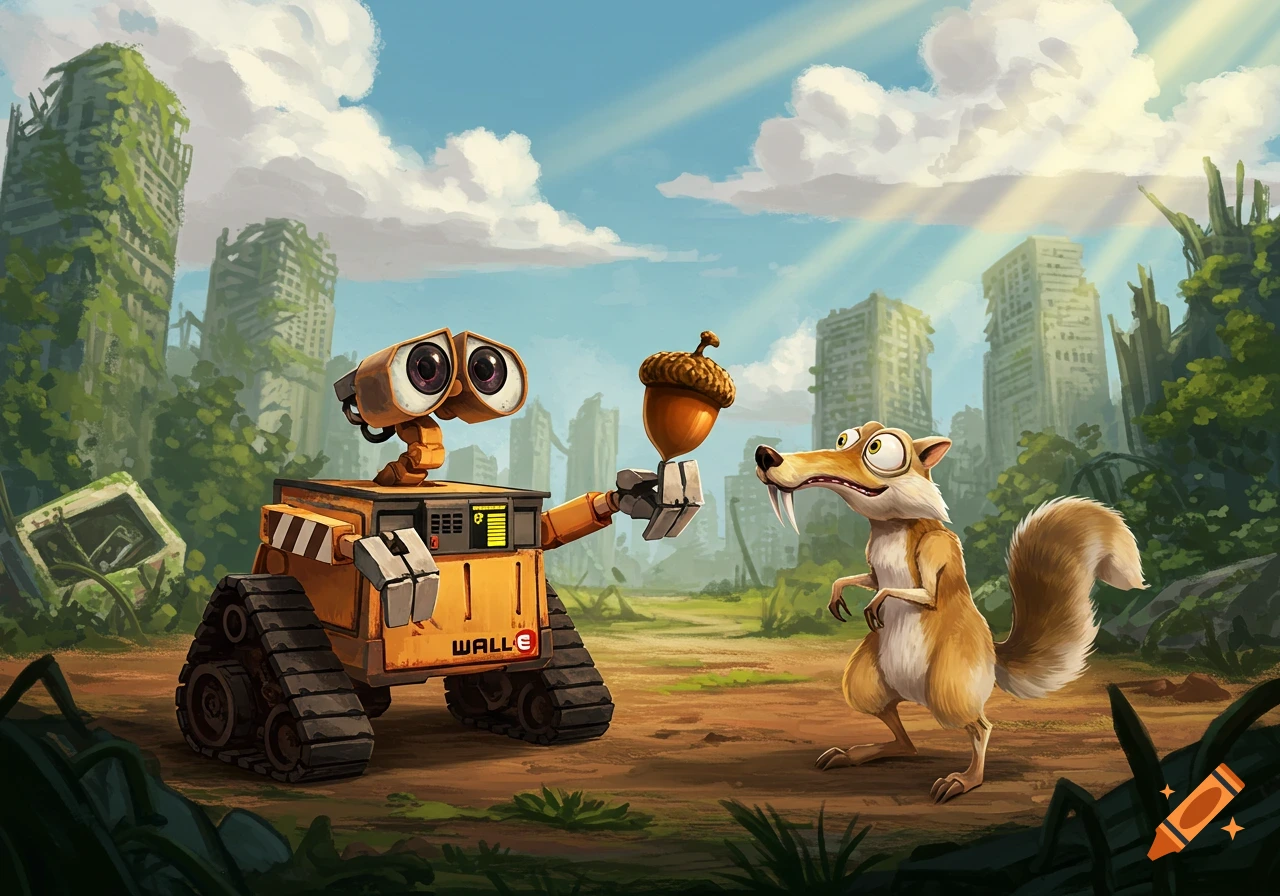 The robot WALL-E offers an acorn to Scrat the saber-toothed squirrel in a ruined city under a blue sky, in a cartoon illustration style.