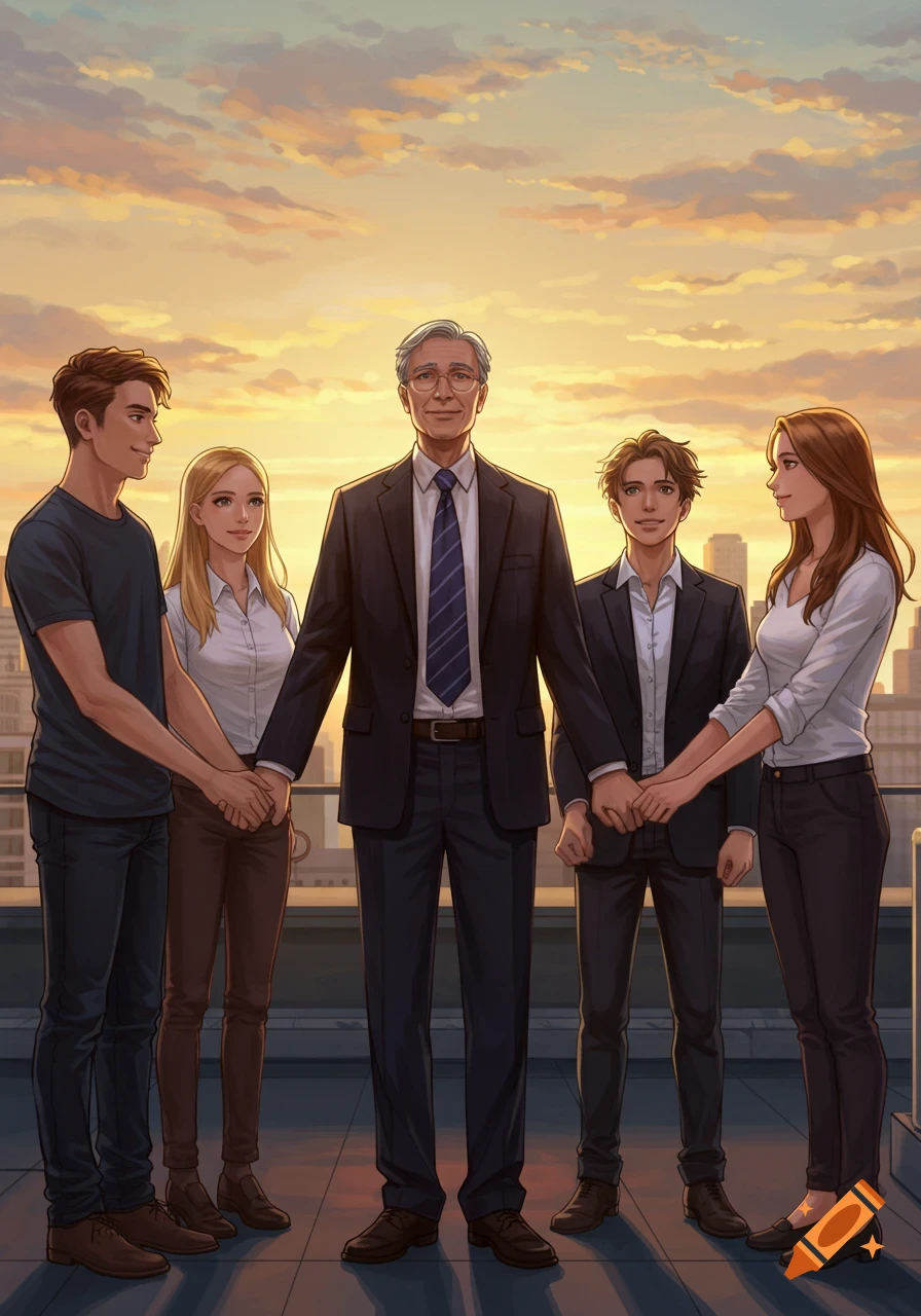 Digital illustration of an older man and four younger adults holding hands on a city rooftop at sunset.
