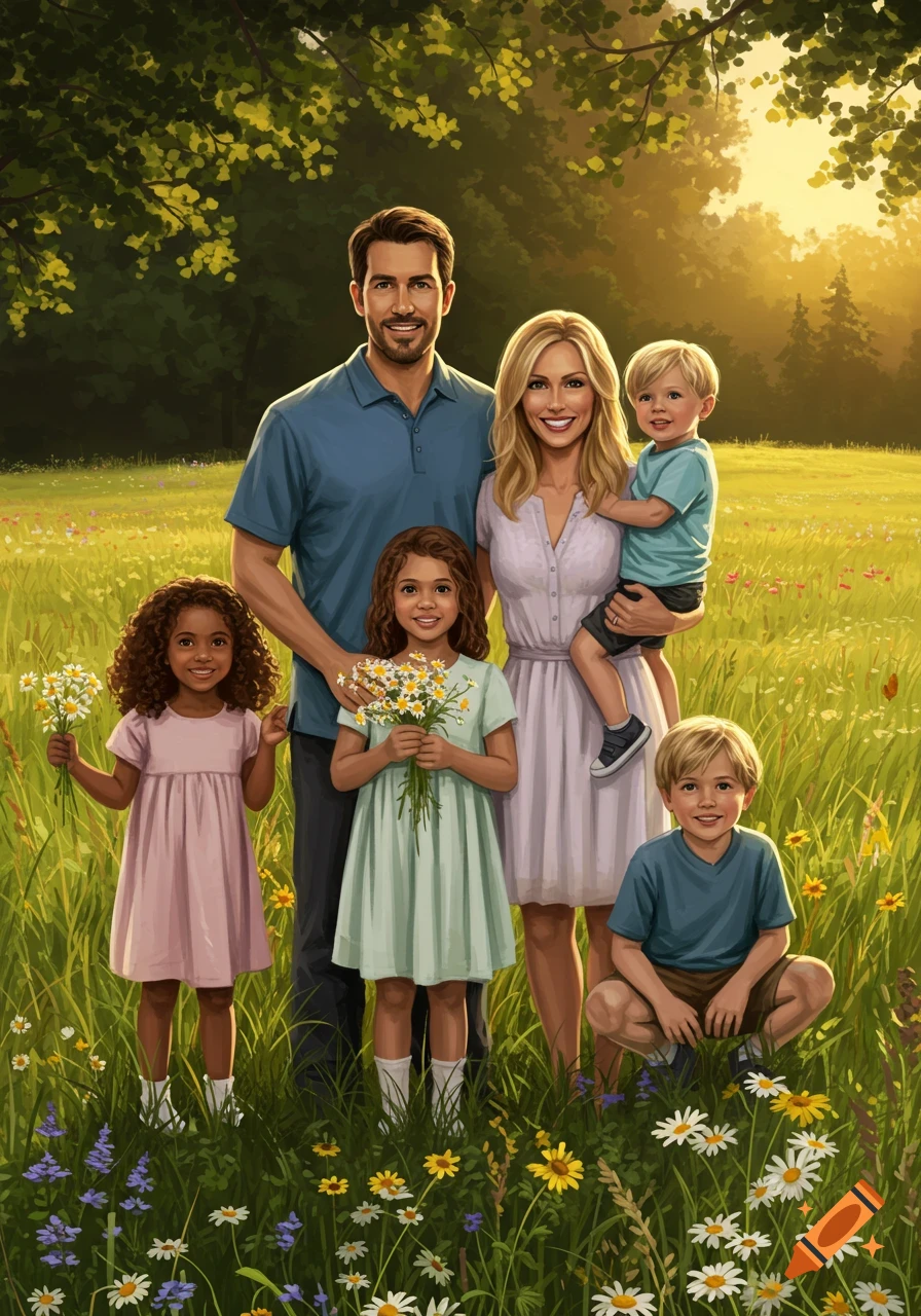 An illustrated family portrait of a mother, father, and three children ...