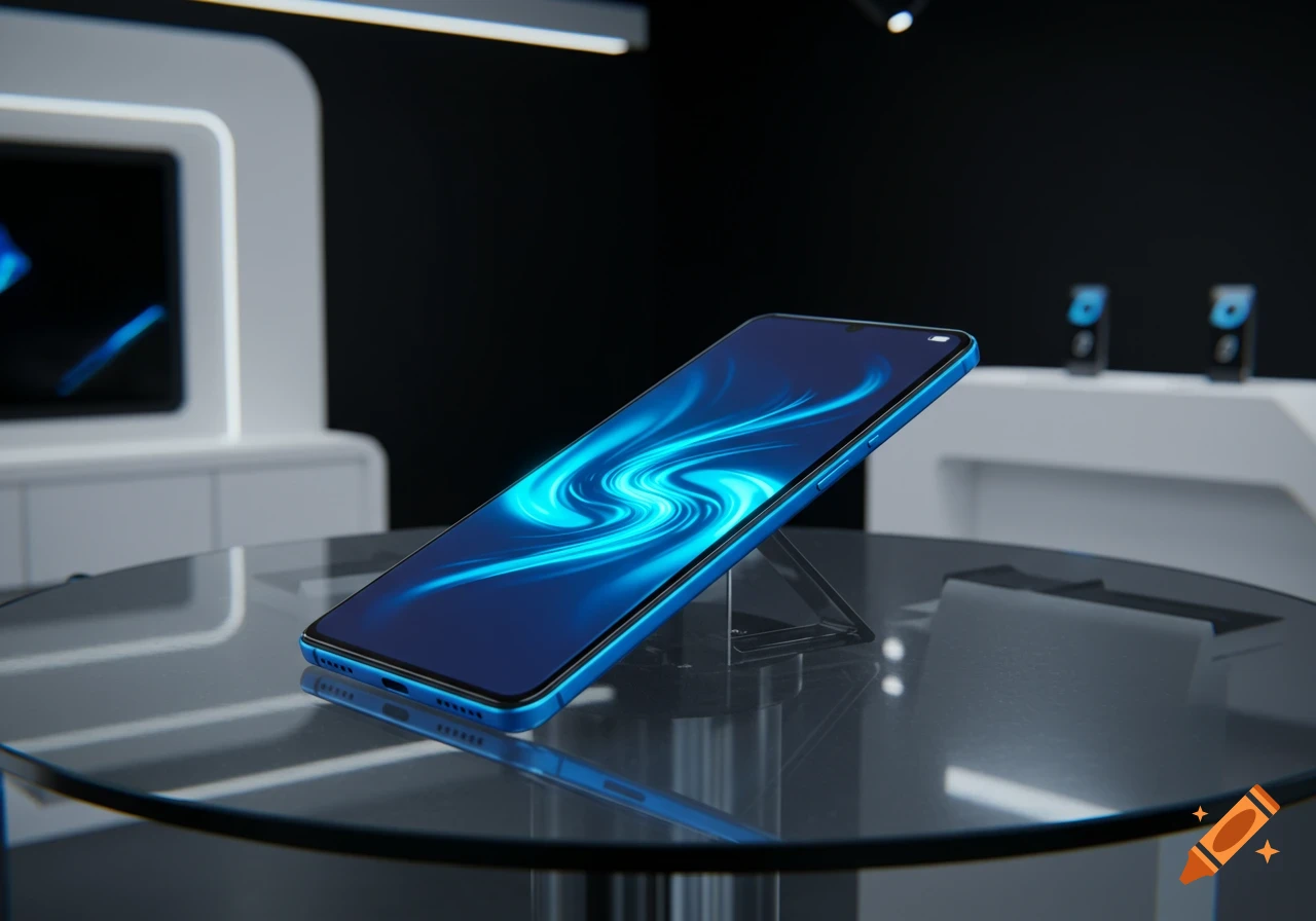 A blue smartphone with a glowing blue abstract wallpaper displayed on a glass table in a sleek, modern showroom setting.
