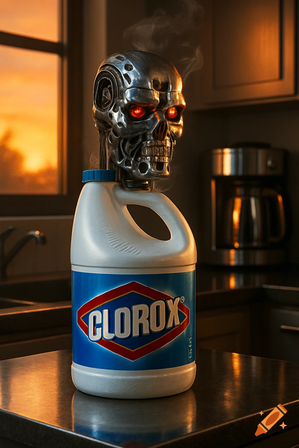 Photorealistic image of a Terminator head atop a Clorox bottle on a kitchen counter during sunset.