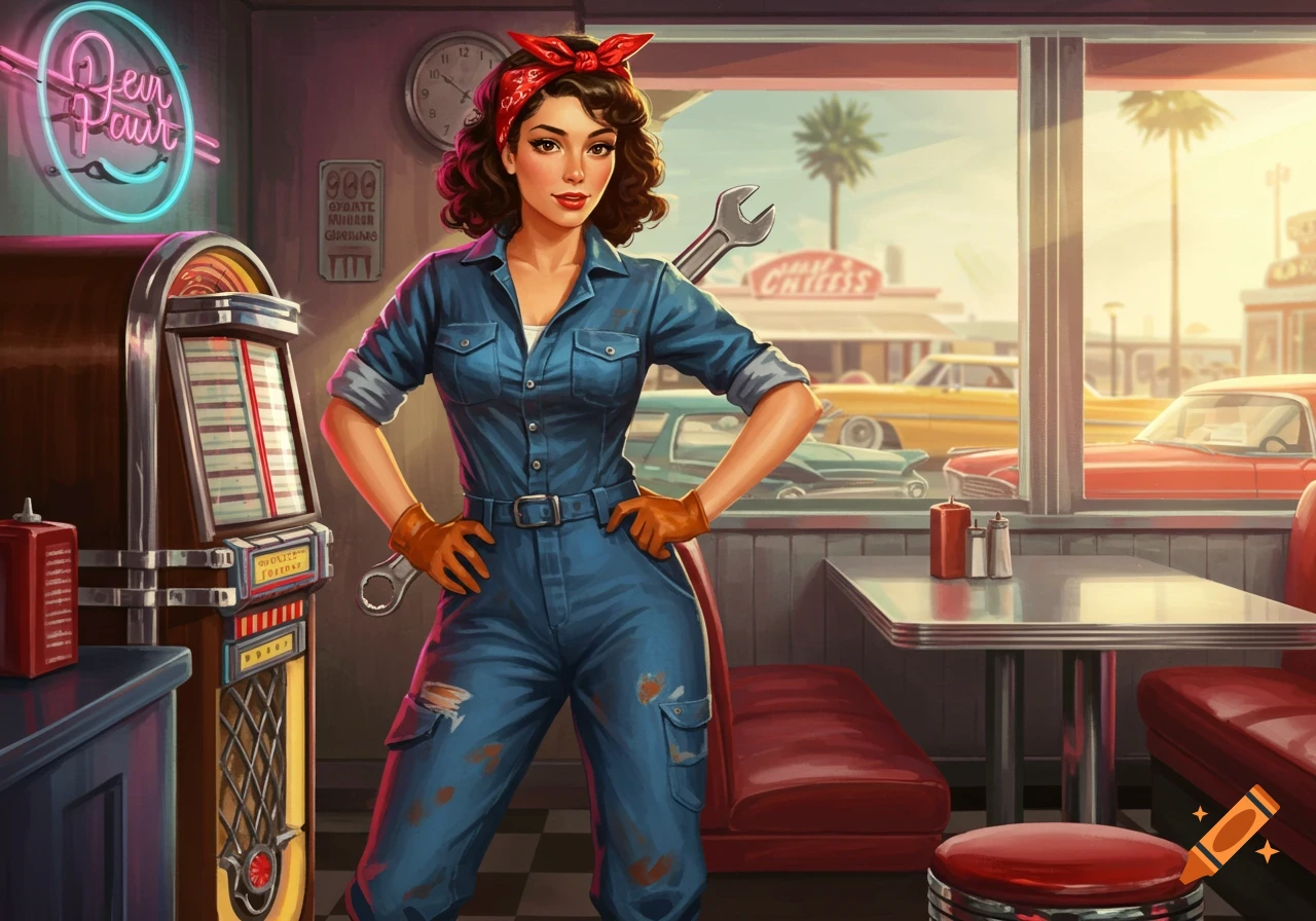 Retro-style mechanic girl in blue jumpsuit and red bandana, holding a wrench, standing in a 50s diner with classic cars outside.