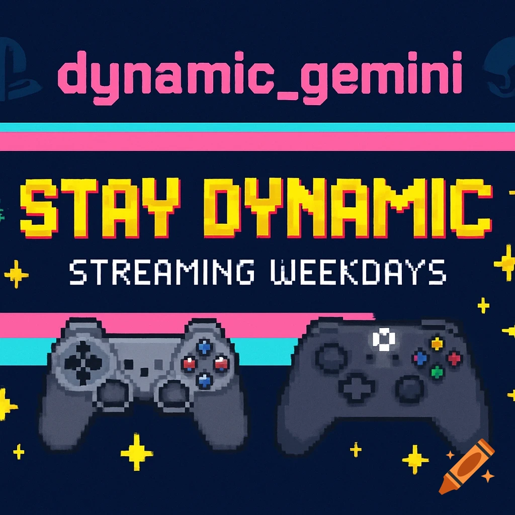 A pixel art Twitch banner for 'dynamic_gemini' channel with text 'Stay Dynamic' and 'Streaming Weekdays', featuring PlayStation and Xbox controllers, stars, and retro colors.