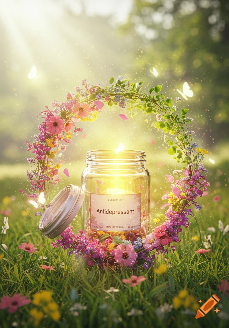 A glass jar labeled 'Antidepressant' glows amidst a vibrant ring of flowers and butterflies in a sunny, grassy field.