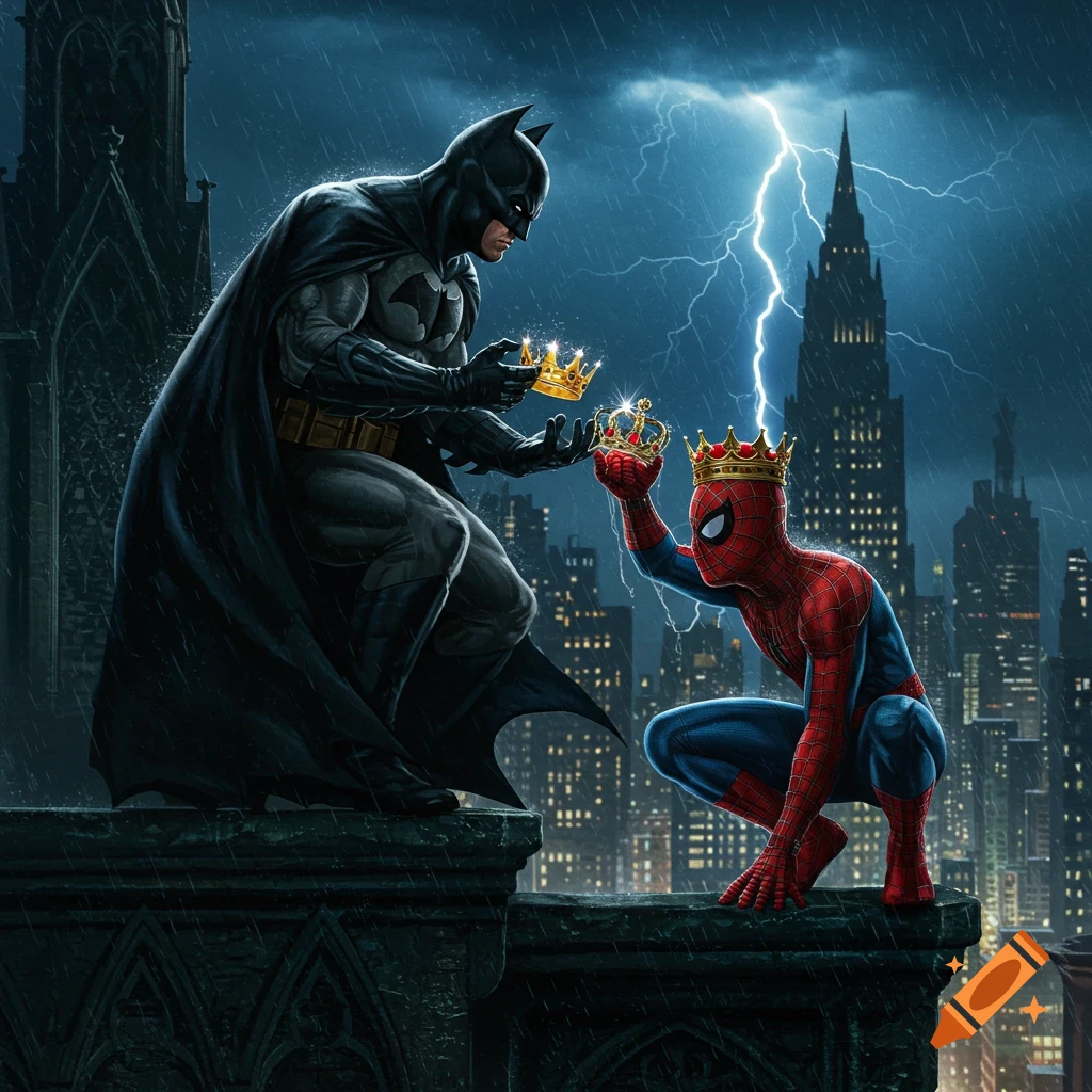 Batman and Spiderman on a rainy city rooftop, holding crowns under a lightning storm, comic art style.