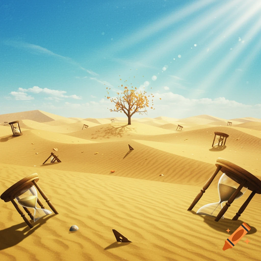 A surreal desert landscape with a lone tree and several scattered hourglasses buried in the sand under a bright blue sky.