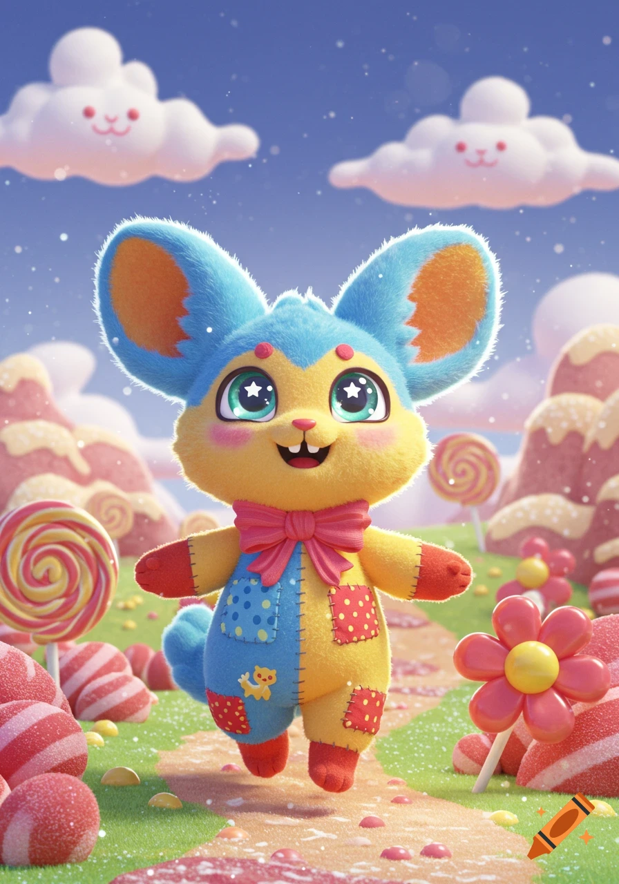 Cute patchwork plush character with big eyes and bows, surrounded by ...