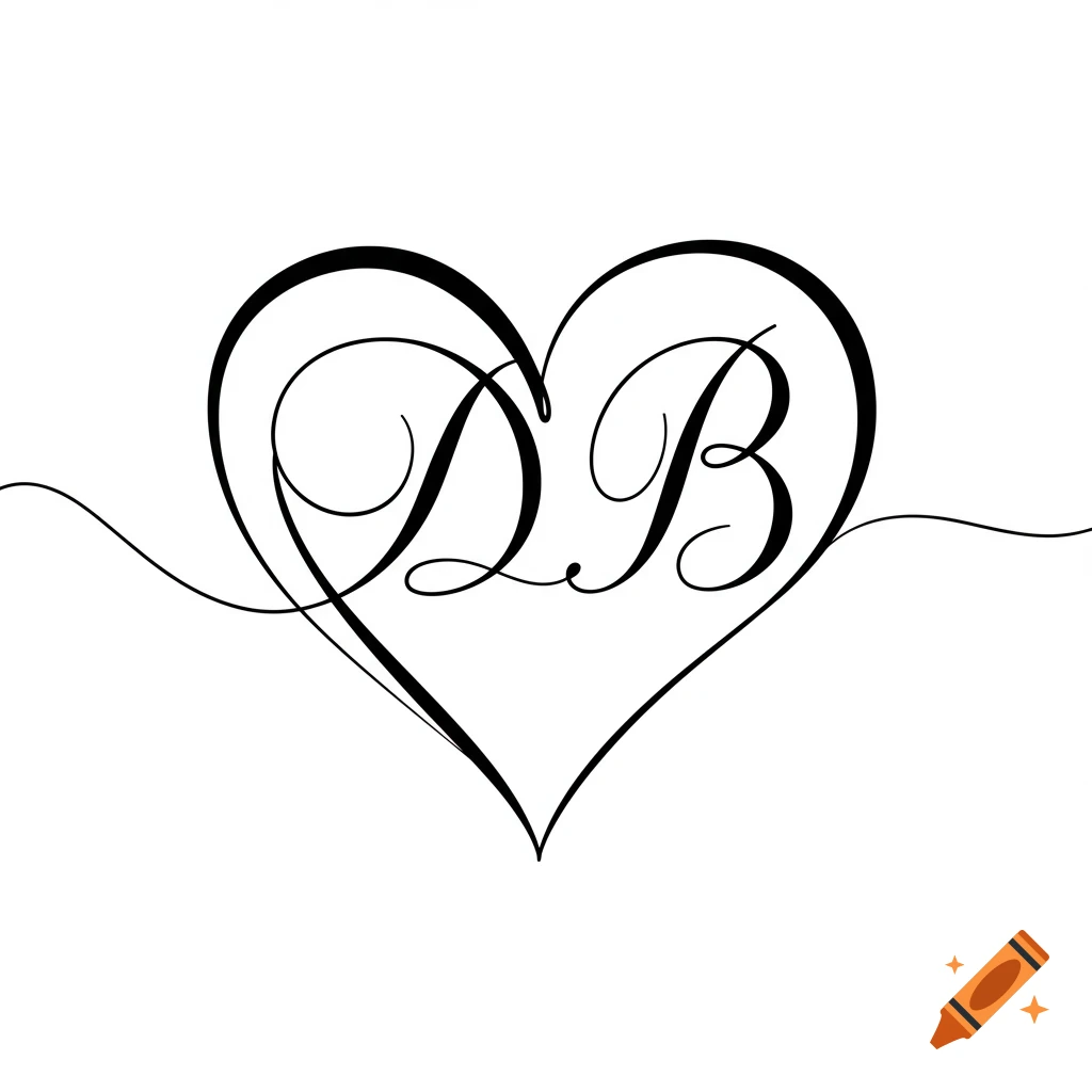Black line art heart with cursive letters D and B inside, seamlessly incorporated.