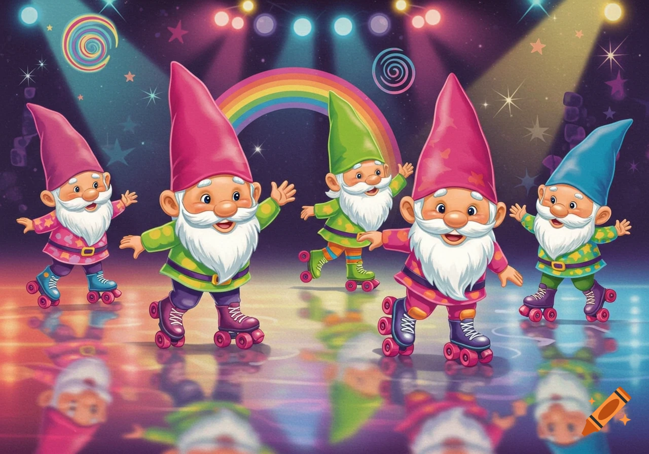 Five cartoon gnomes roller skating on a reflective floor under colorful spotlights and a rainbow in a vibrant, whimsical style.