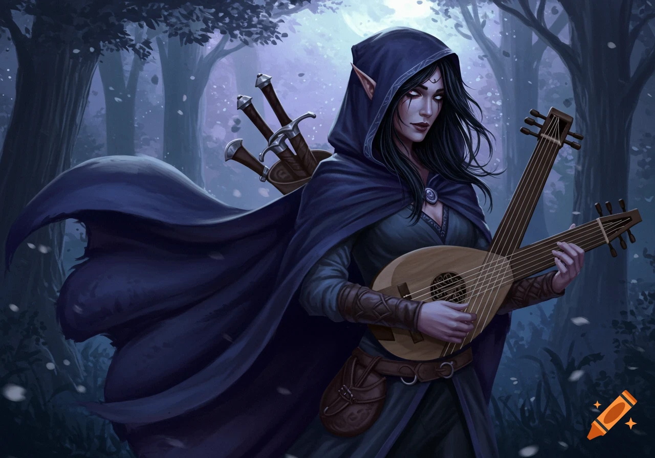 A female half-elf bard with pale skin and black hair in a dark blue hooded cloak plays a lute in a mystical forest setting.