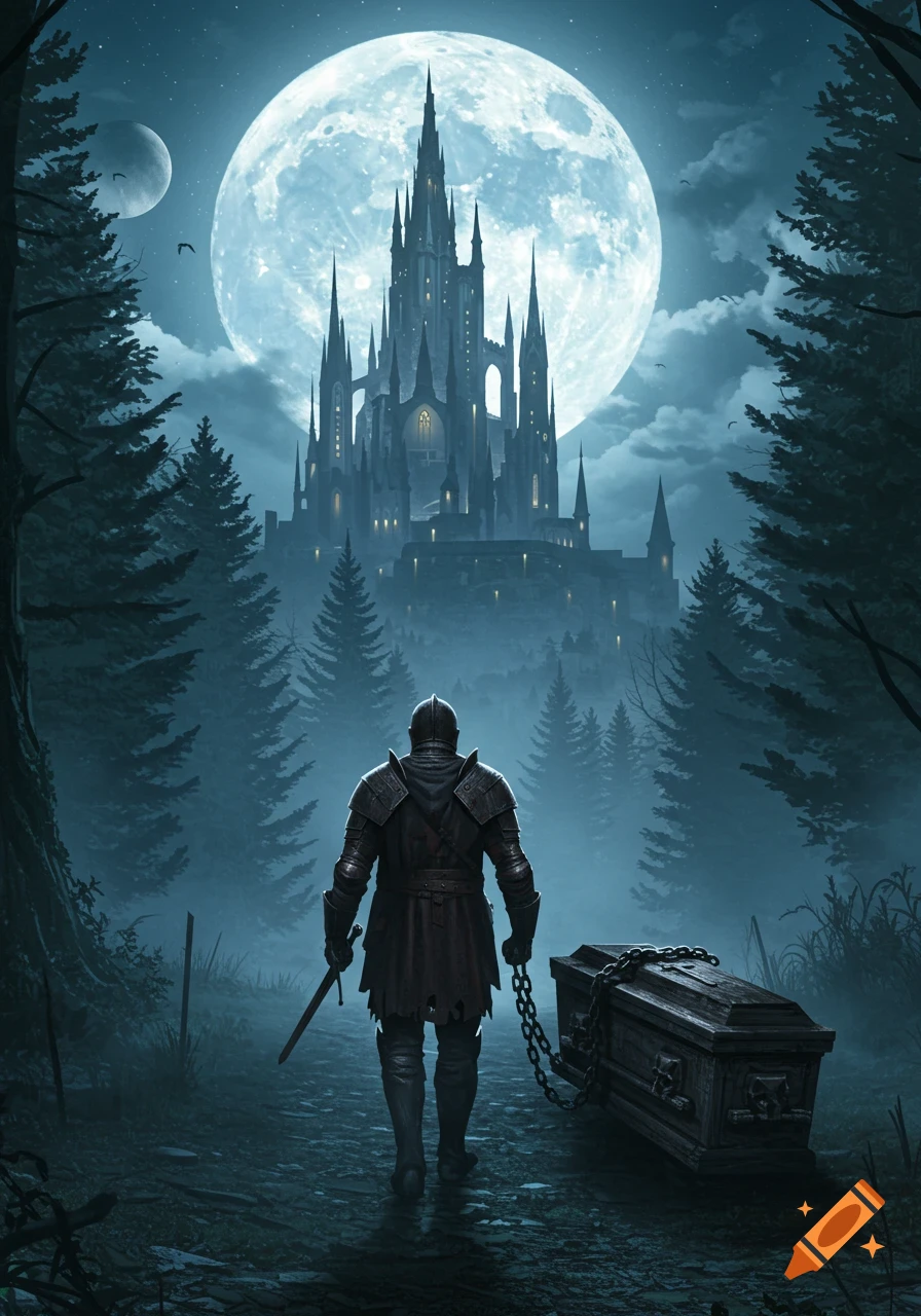 A knight in armor drags a chained coffin through a dark forest path towards a towering castle under a huge full moon at night.