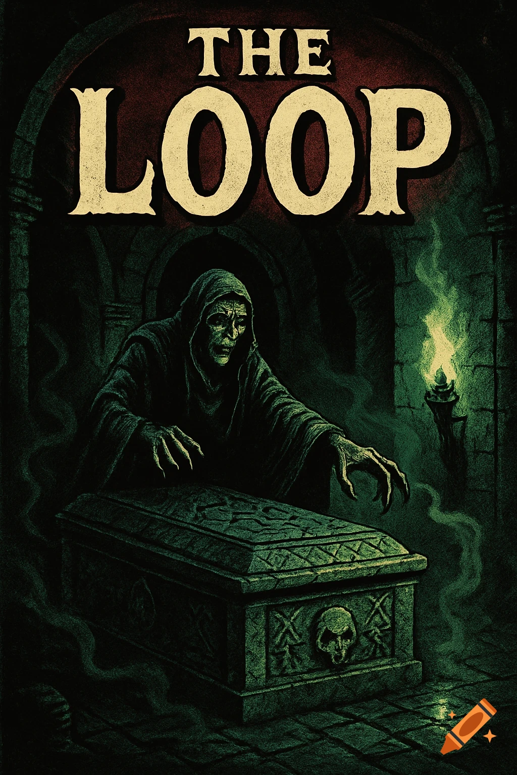 A ghoulish, robed figure looms over a stone coffin in a dark crypt, with 'THE LOOP' title in a vintage horror art style.