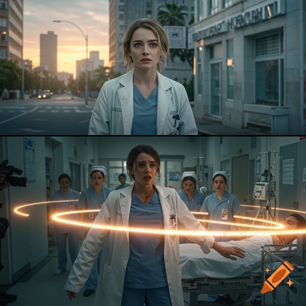A doctor in a lab coat outside a hospital at dawn, and in a hospital healing a patient with glowing energy. Photorealistic.