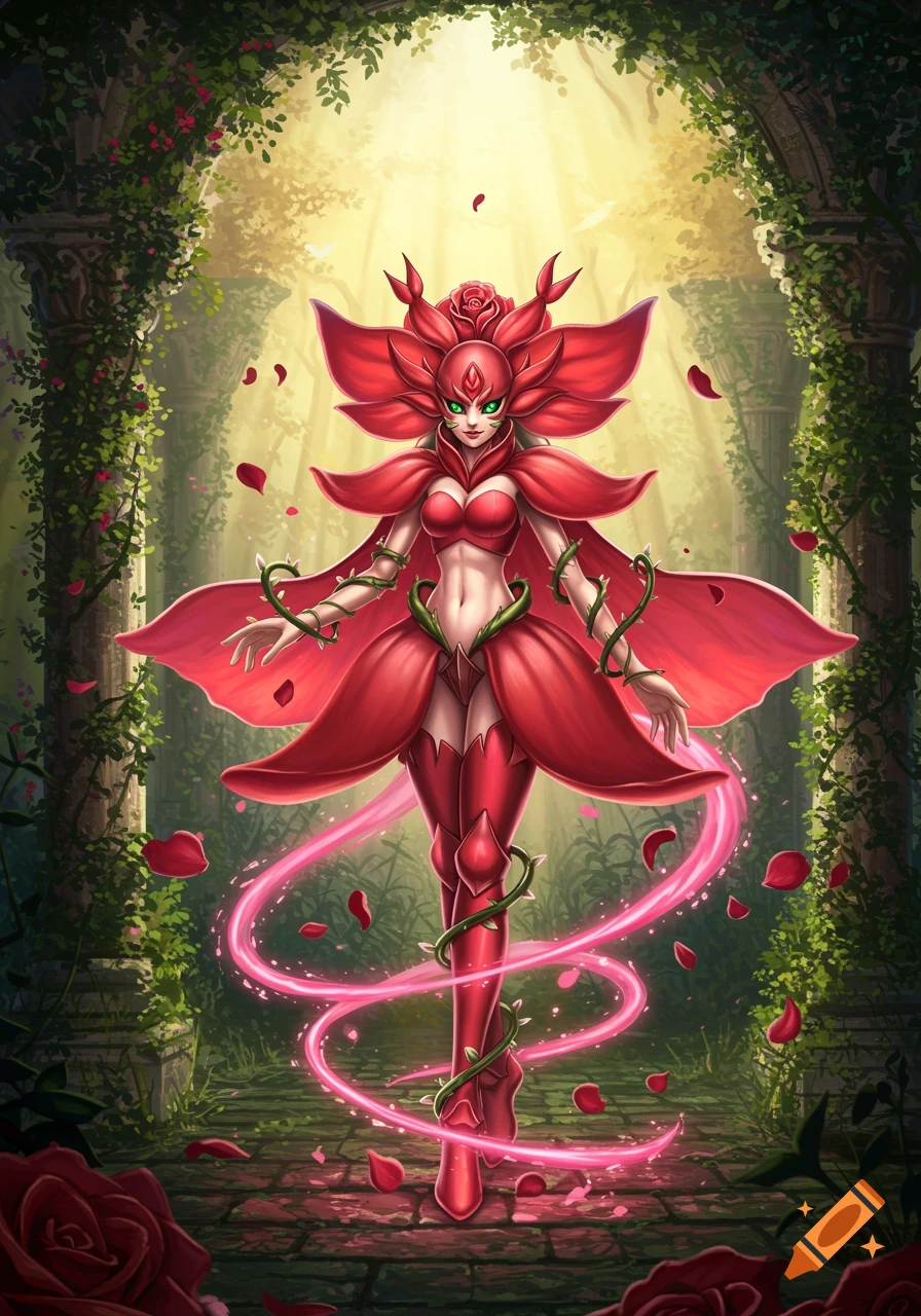 A rose-themed female character, Rosemon, with green eyes and thorny vines, stands in overgrown ruins with glowing light and pink energy.