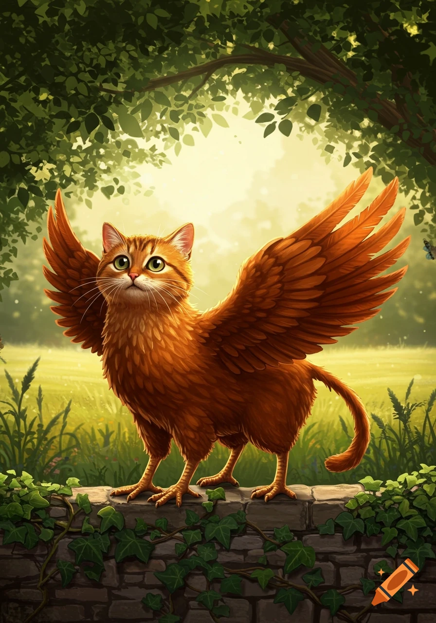 An orange tabby cat with feathered wings and bird legs stands on an ivy-covered stone wall in a sunlit forest.