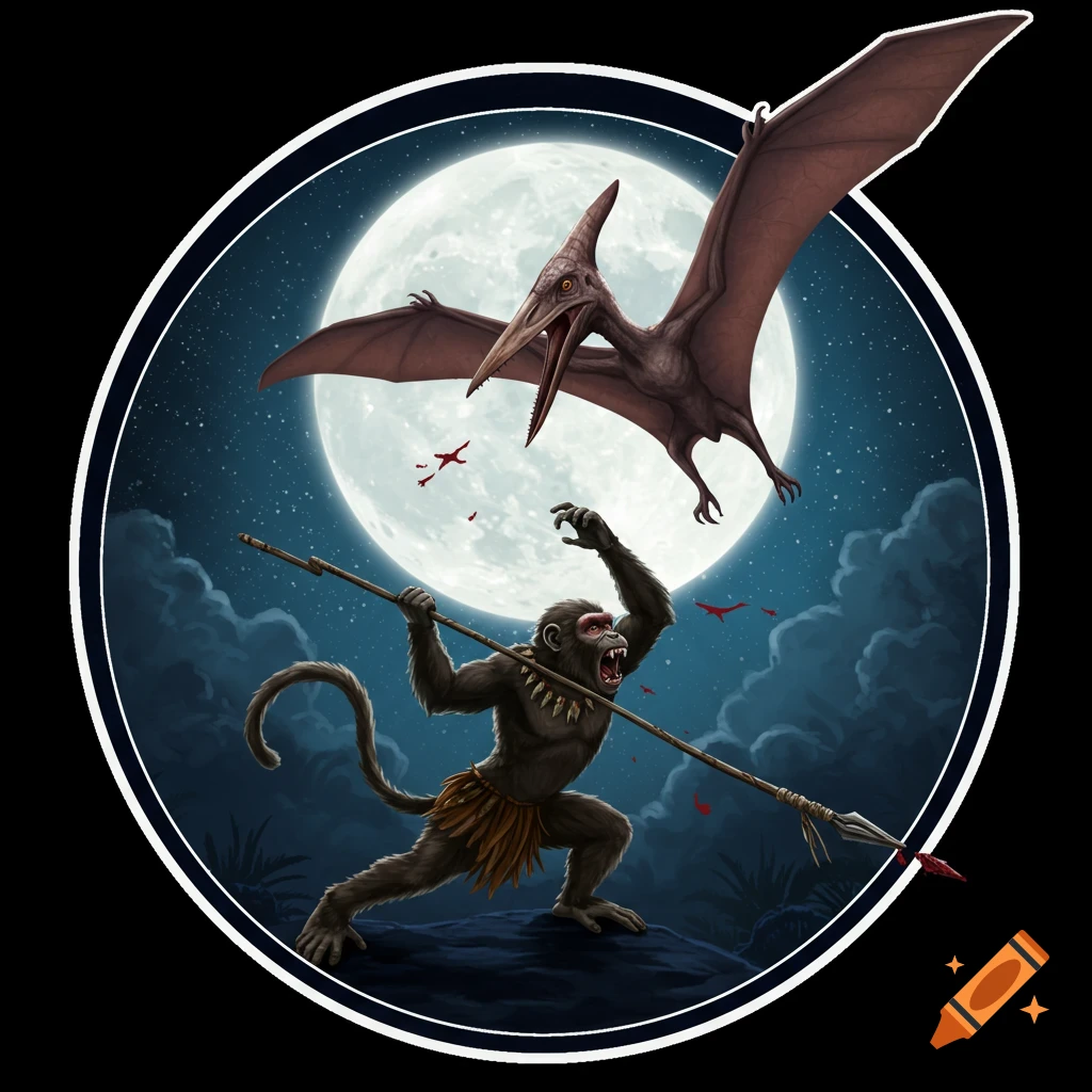 A fierce monkey with a spear fights a flying pterodactyl under a full moon and starry sky, within a circular frame.
