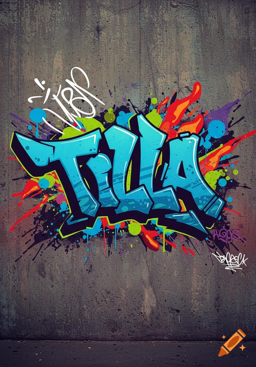 Colorful graffiti of the word 'TILLA' in a bold, tag style on a concrete wall with paint splatters.