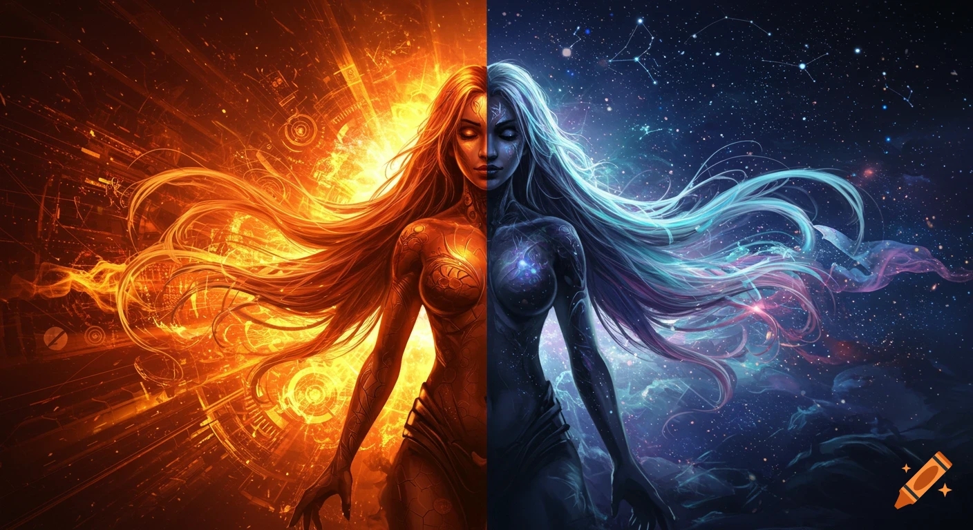A fantasy figure split in half, one side fiery orange with mechanical patterns, the other blue with stars and nebulae.