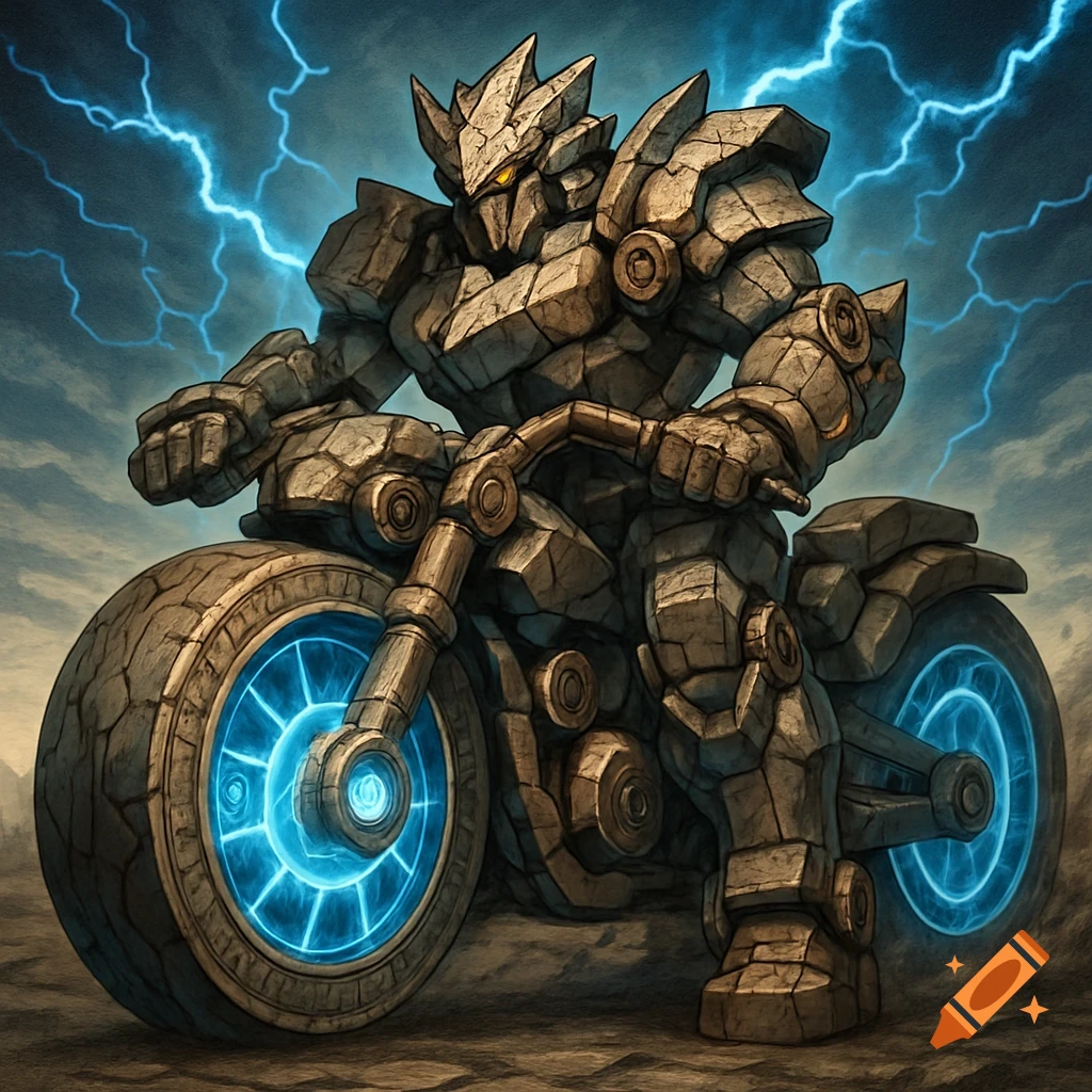 A stone-armored monster riding a futuristic motorcycle with glowing blue wheels, set against a stormy sky with lightning, in a Yu-Gi-Oh! style.