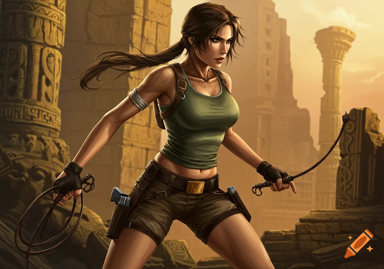 Lara Croft wielding a whip in an ancient ruin, wearing a croptop, shorts, and utility belt. Digital illustration.