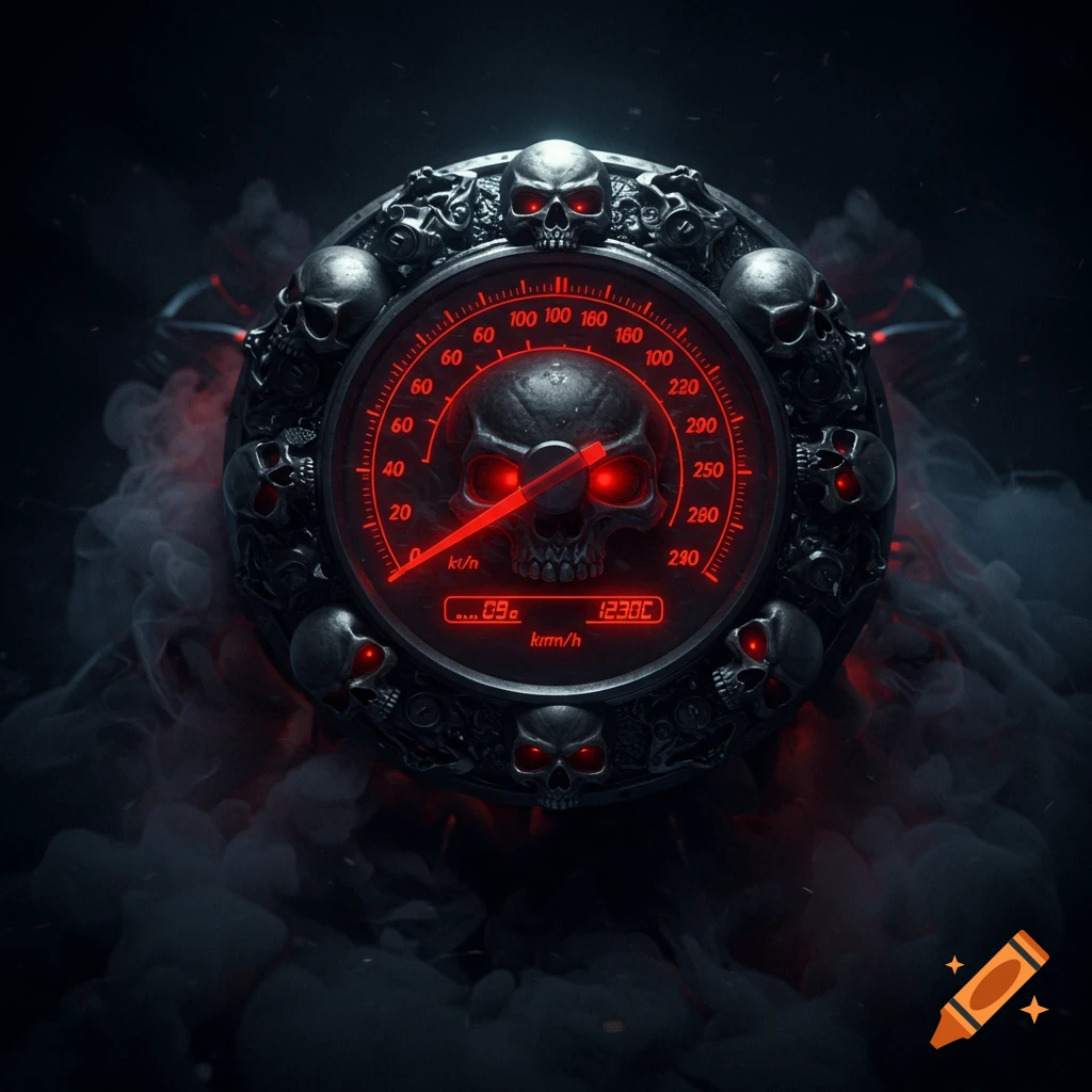 A dark, skull-themed speedometer with glowing red eyes and intricate metallic details, surrounded by smoke.