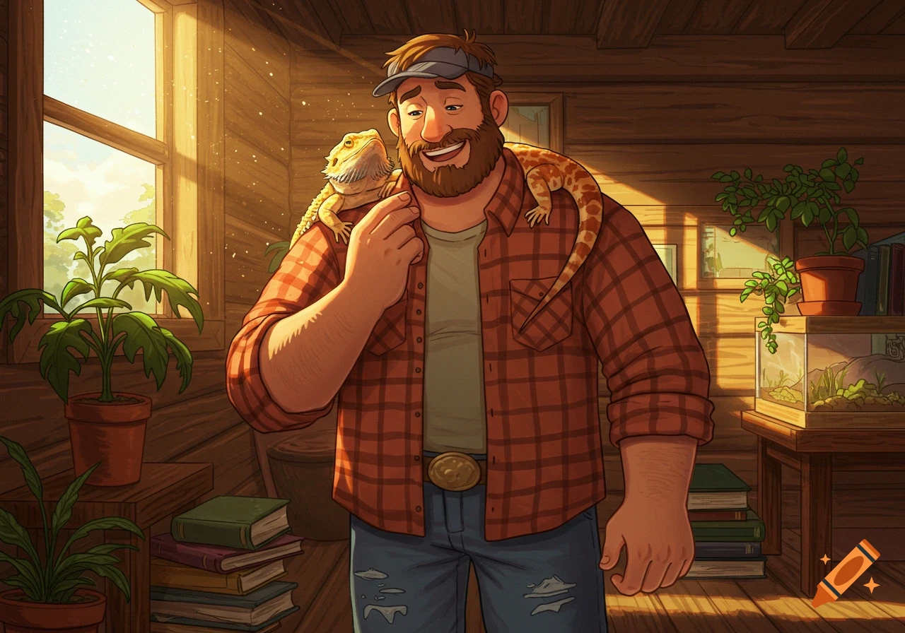 A bearded man in a plaid shirt with a bearded dragon on his shoulder, standing in a sunlit wooden room filled with plants, in an illustration style.