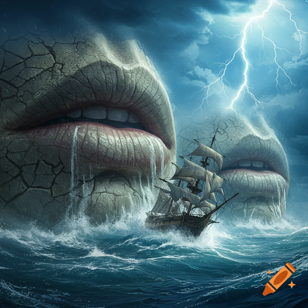 A surreal stormy seascape with a ship amidst rough waves, flanked by colossal, cracked rock formations resembling lips, under a lightning-filled sky.