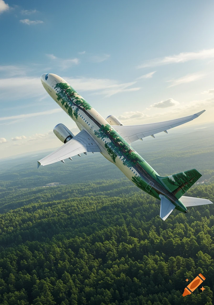 A photorealistic airplane with a green pinetree livery flies over a dense forest under a bright blue sky.