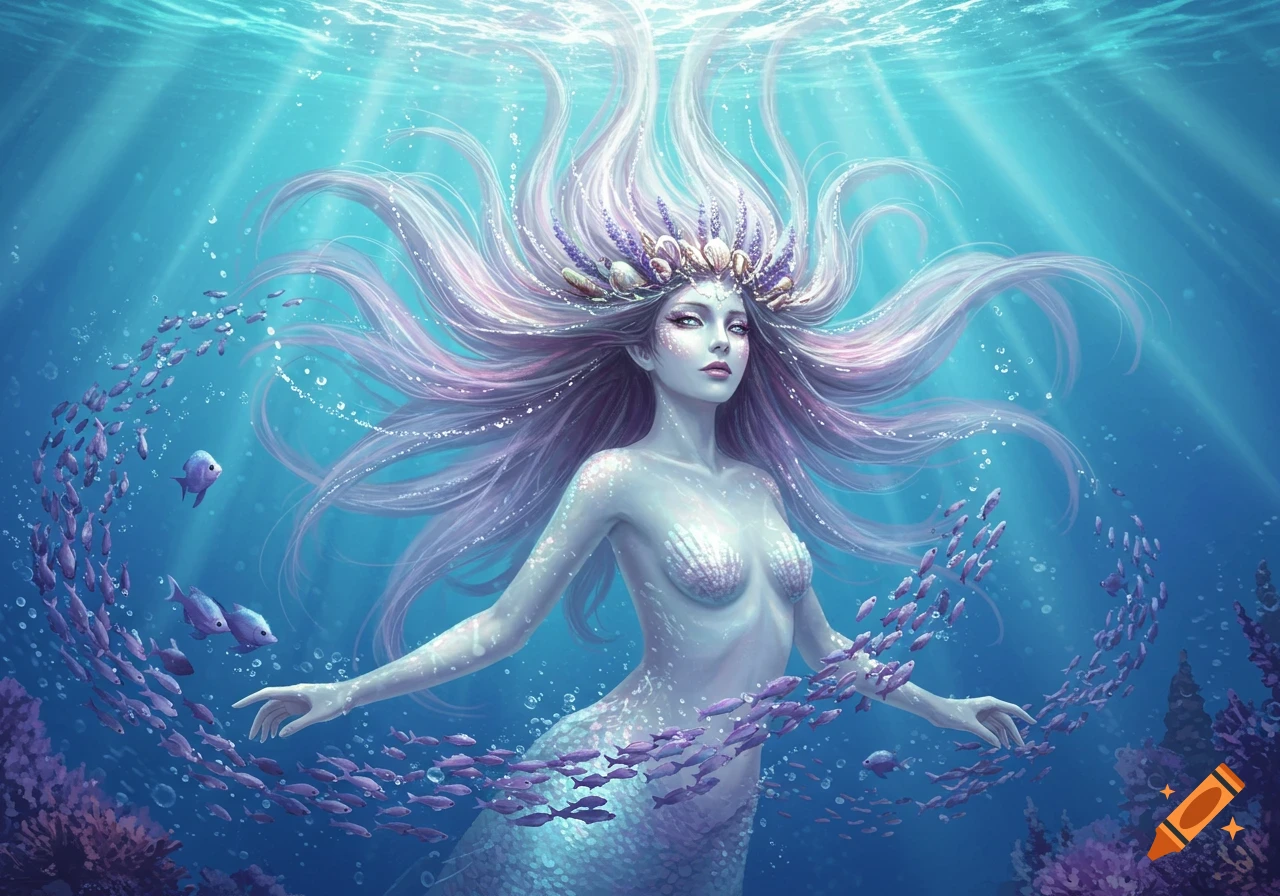 Fantasy illustration of a mermaid with flowing lavender hair and seashell crown, surrounded by purple fish in a sunlit underwater scene.
