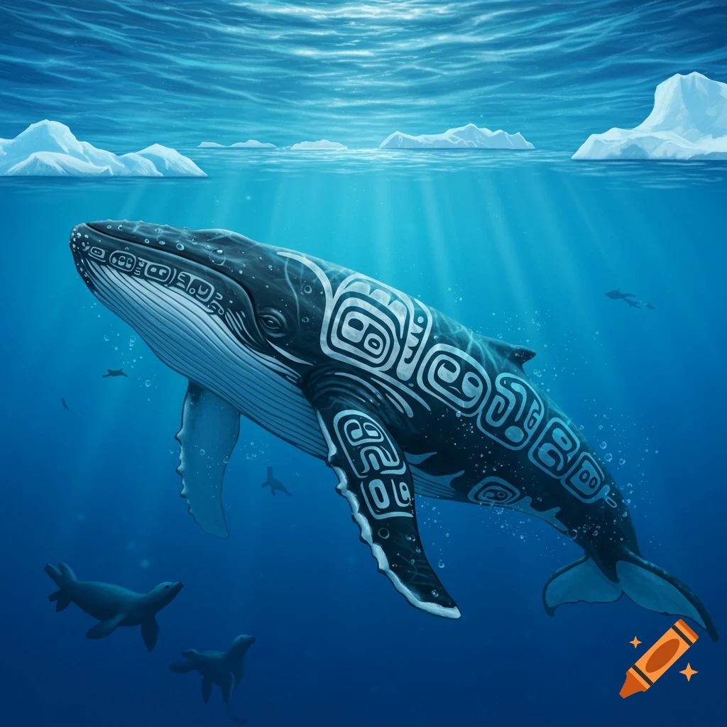 A large whale with white tribal patterns swims in clear blue underwater, with icebergs on the surface and sunbeams.