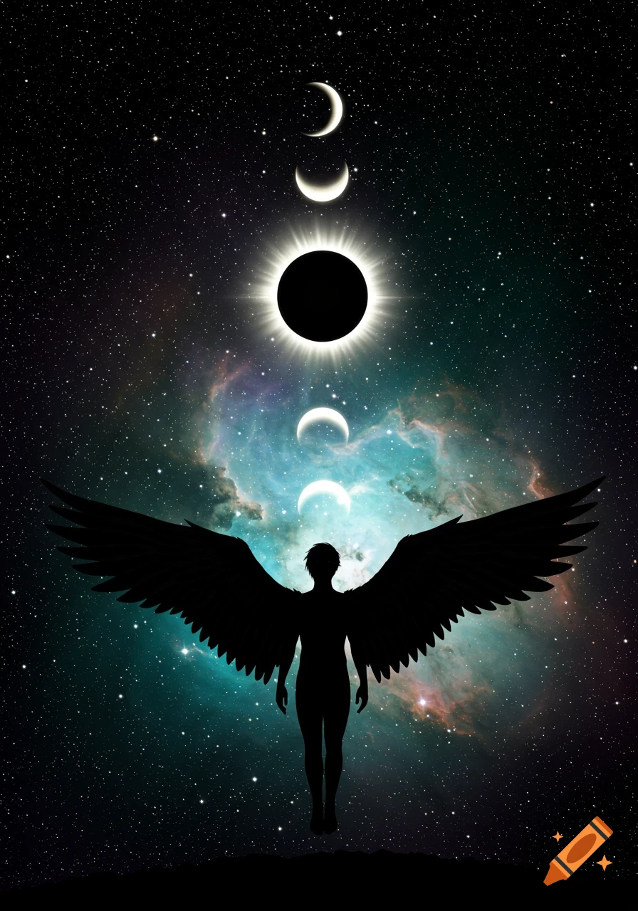 A silhouette of a winged figure hovers in space before a vibrant nebula and a glowing solar eclipse, with crescent moons above.