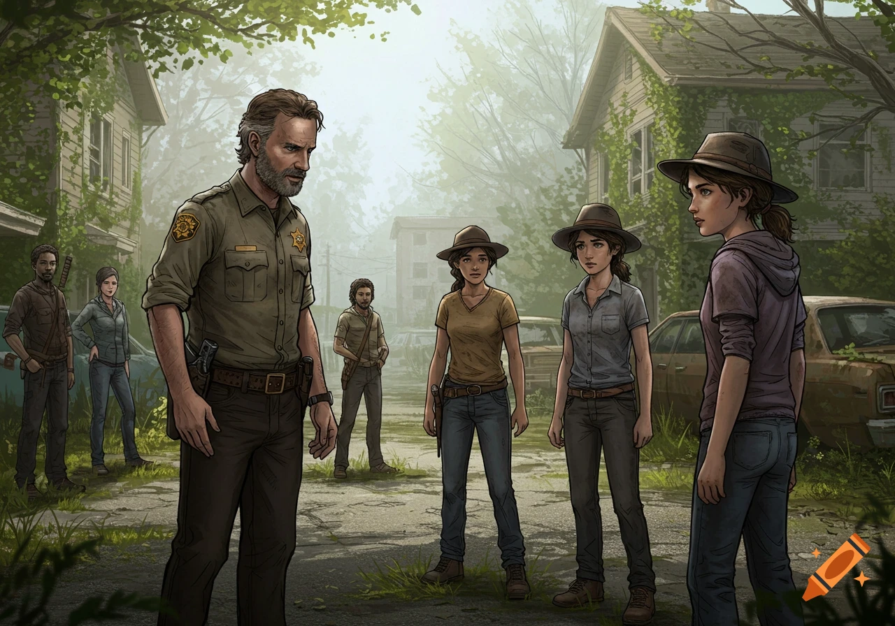 Illustrated scene of a man in a sheriff's uniform talking to a group of people in an overgrown, abandoned neighborhood.