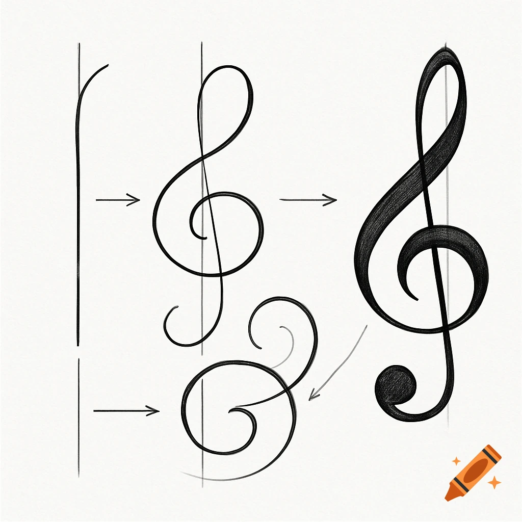A black and white diagram showing the step-by-step process of drawing a treble clef.
