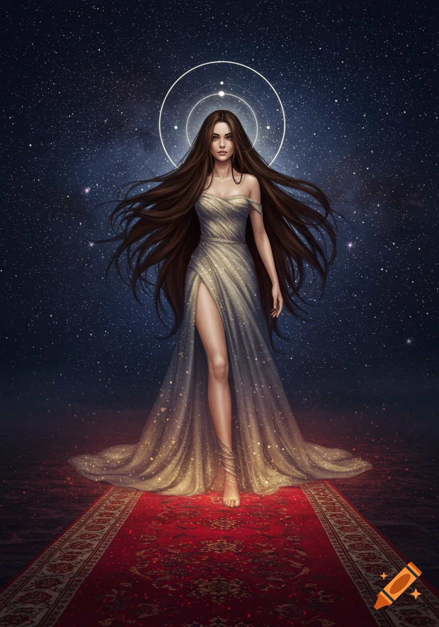 A brown-haired goddess in a sparkling gold dress with a high slit stands barefoot on a red carpet under a starry night sky.