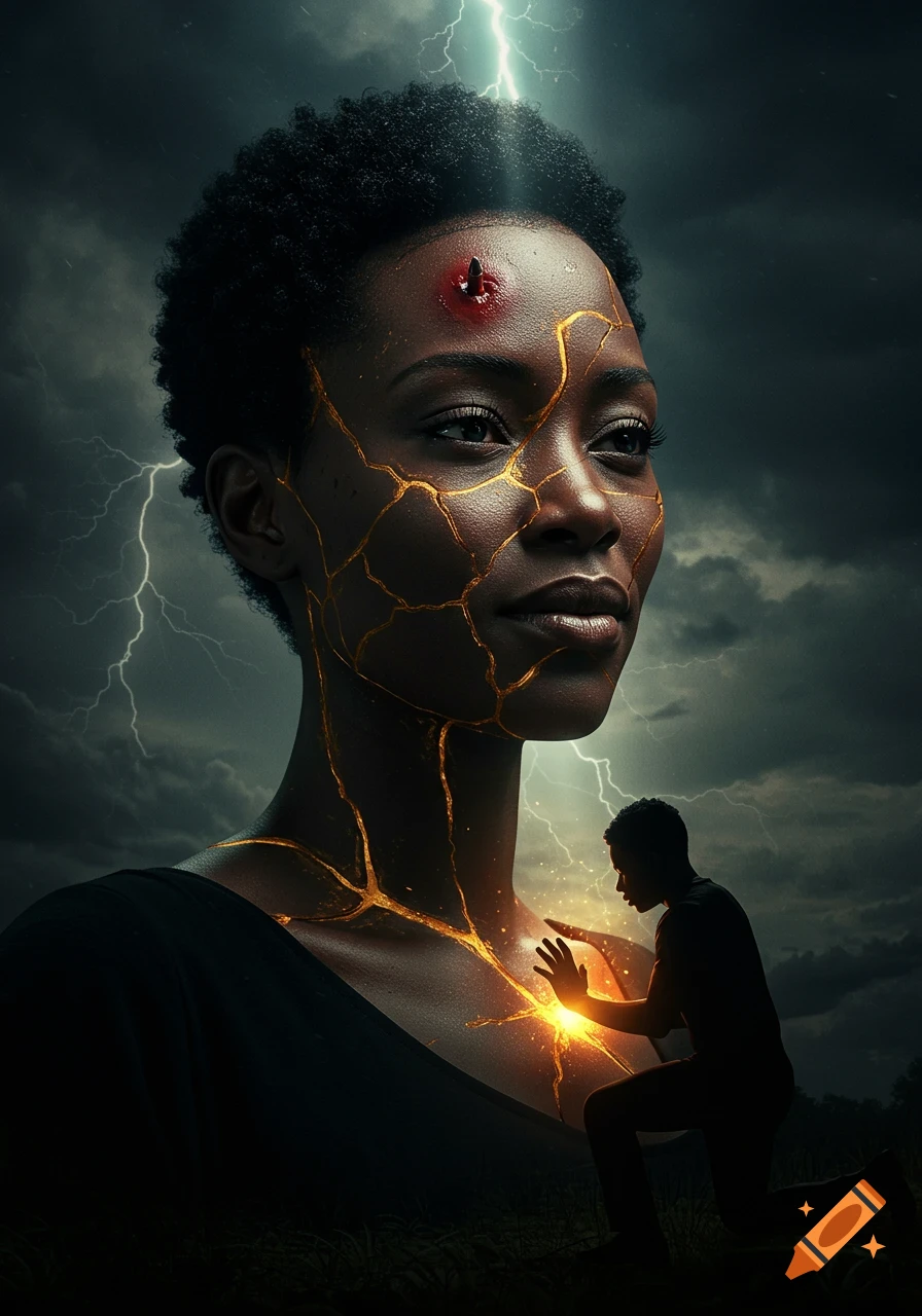 A photorealistic portrait of a Black woman with golden kintsugi cracks on her face and a stylized wound on her forehead, looking determined under a stormy, lightning-filled sky. A small, shadowy figure kneels beside her, hands glowing.