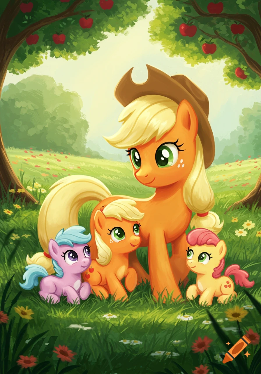 Applejack and three young ponies in a cartoon illustration, standing in a grassy field with apple trees.