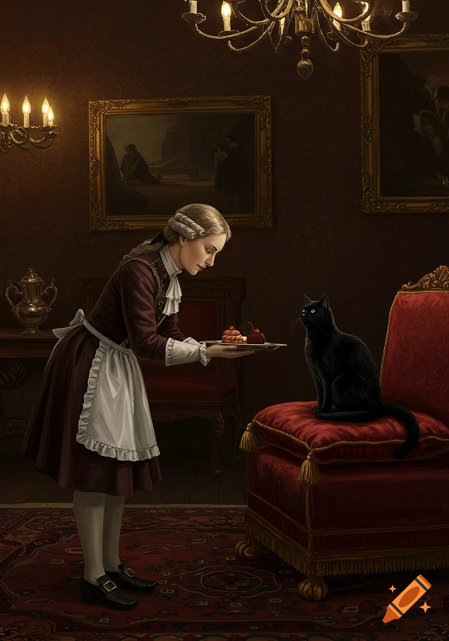 A woman in a historical servant's dress bows, offering a treat to a black cat sitting on a red velvet chair in an ornate, dimly lit room.