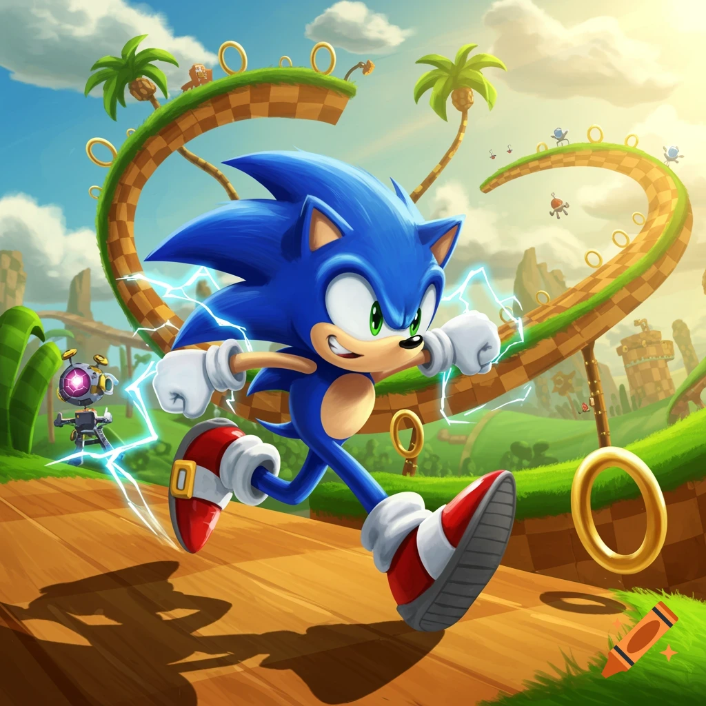 Sonic the Hedgehog runs at super speed, surrounded by lightning in a vibrant Green Hill Zone-like environment with rings and loops.