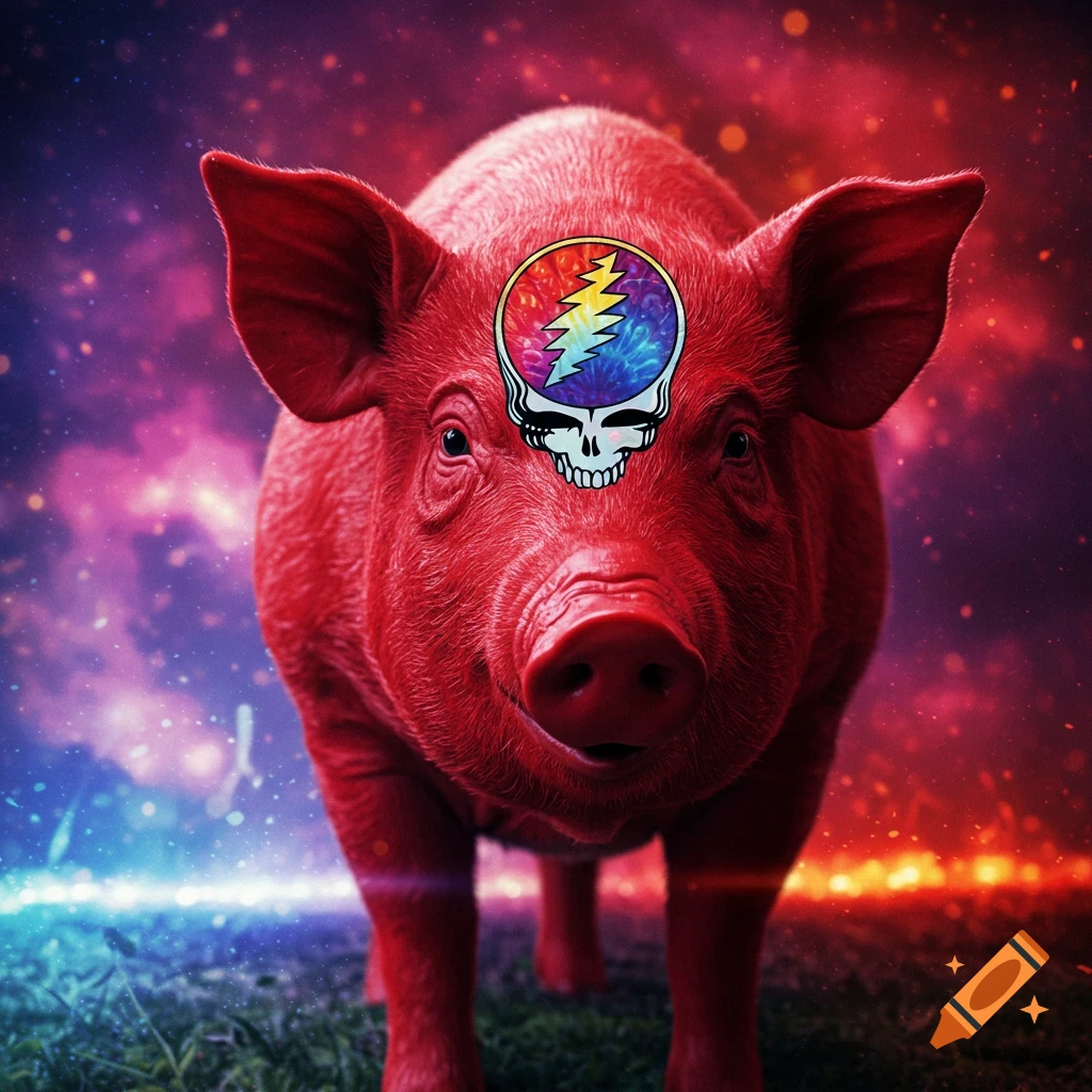 Red pig with a Grateful Dead 'Steal Your Face' skull logo on its forehead, against a vibrant, cosmic background.